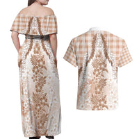 Aloha Hawaii Palaka Couples Matching Off Shoulder Maxi Dress and Hawaiian Shirt Beige Plumeria Lei LT05 - Polynesian Pride