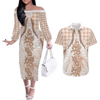 Aloha Hawaii Palaka Couples Matching Off The Shoulder Long Sleeve Dress and Hawaiian Shirt Beige Plumeria Lei - Polynesian Pride