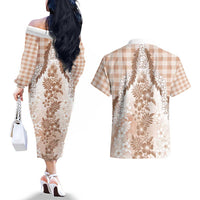 Aloha Hawaii Palaka Couples Matching Off The Shoulder Long Sleeve Dress and Hawaiian Shirt Beige Plumeria Lei - Polynesian Pride