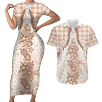 Aloha Hawaii Palaka Couples Matching Short Sleeve Bodycon Dress and Hawaiian Shirt Beige Plumeria Lei - Polynesian Pride