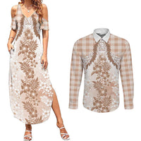 Aloha Hawaii Palaka Couples Matching Summer Maxi Dress and Long Sleeve Button Shirt Beige Plumeria Lei LT05 Beige - Polynesian Pride