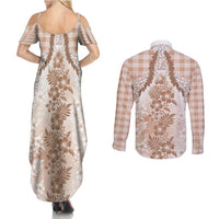 Aloha Hawaii Palaka Couples Matching Summer Maxi Dress and Long Sleeve Button Shirt Beige Plumeria Lei LT05 - Polynesian Pride