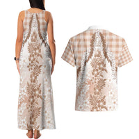 Aloha Hawaii Palaka Couples Matching Tank Maxi Dress and Hawaiian Shirt Beige Plumeria Lei LT05 - Polynesian Pride