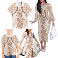Aloha Hawaii Palaka Family Matching Off The Shoulder Long Sleeve Dress and Hawaiian Shirt Beige Plumeria Lei LT05 - Polynesian Pride