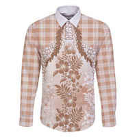 Aloha Hawaii Palaka Family Matching Off The Shoulder Long Sleeve Dress and Hawaiian Shirt Beige Plumeria Lei - Polynesian Pride