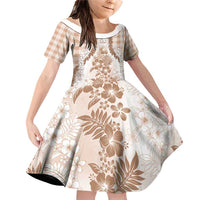Aloha Hawaii Palaka Family Matching Off Shoulder Short Dress and Hawaiian Shirt Beige Plumeria Lei LT05 Daughter's Dress Beige - Polynesian Pride
