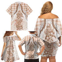Aloha Hawaii Palaka Family Matching Off Shoulder Short Dress and Hawaiian Shirt Beige Plumeria Lei LT05 - Polynesian Pride