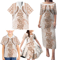 Aloha Hawaii Palaka Family Matching Puletasi and Hawaiian Shirt Beige Plumeria Lei - Polynesian Pride