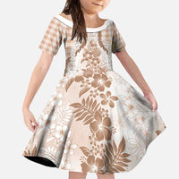 Aloha Hawaii Palaka Family Matching Short Sleeve Bodycon Dress and Hawaiian Shirt Beige Plumeria Lei LT05 Daughter's Dress Beige - Polynesian Pride