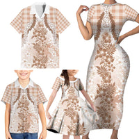 Aloha Hawaii Palaka Family Matching Short Sleeve Bodycon Dress and Hawaiian Shirt Beige Plumeria Lei - Polynesian Pride