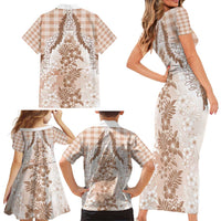 Aloha Hawaii Palaka Family Matching Short Sleeve Bodycon Dress and Hawaiian Shirt Beige Plumeria Lei LT05 - Polynesian Pride