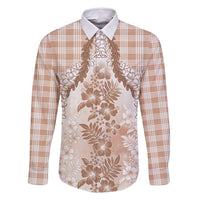 Aloha Hawaii Palaka Family Matching Tank Maxi Dress and Hawaiian Shirt Beige Plumeria Lei LT05 Dad's Shirt - Long Sleeve Beige - Polynesian Pride