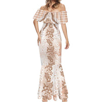 Aloha Hawaii Palaka Mermaid Dress Beige Plumeria Lei - Polynesian Pride