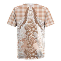 Aloha Hawaii Palaka Rugby Jersey Beige Plumeria Lei - Polynesian Pride