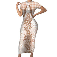 Aloha Hawaii Palaka Short Sleeve Bodycon Dress Beige Plumeria Lei - Polynesian Pride