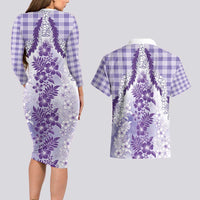 Aloha Hawaii Palaka Couples Matching Long Sleeve Bodycon Dress and Hawaiian Shirt Purple Plumeria Lei - Polynesian Pride