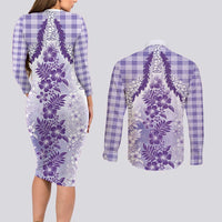 Aloha Hawaii Palaka Couples Matching Long Sleeve Bodycon Dress and Long Sleeve Button Shirt Purple Plumeria Lei - Polynesian Pride