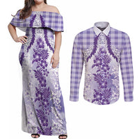 Aloha Hawaii Palaka Couples Matching Off Shoulder Maxi Dress and Long Sleeve Button Shirt Purple Plumeria Lei - Polynesian Pride