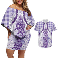 Aloha Hawaii Palaka Couples Matching Off Shoulder Short Dress and Hawaiian Shirt Purple Plumeria Lei - Polynesian Pride