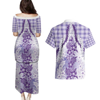 Aloha Hawaii Palaka Couples Matching Puletasi and Hawaiian Shirt Purple Plumeria Lei LT05 - Polynesian Pride
