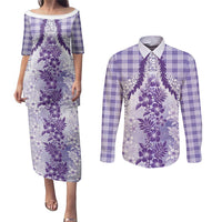 Aloha Hawaii Palaka Couples Matching Puletasi and Long Sleeve Button Shirt Purple Plumeria Lei - Polynesian Pride