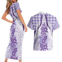 Aloha Hawaii Palaka Couples Matching Short Sleeve Bodycon Dress and Hawaiian Shirt Purple Plumeria Lei - Polynesian Pride