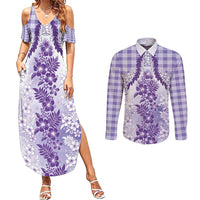 Aloha Hawaii Palaka Couples Matching Summer Maxi Dress and Long Sleeve Button Shirt Purple Plumeria Lei LT05 Purple - Polynesian Pride