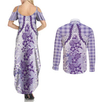 Aloha Hawaii Palaka Couples Matching Summer Maxi Dress and Long Sleeve Button Shirt Purple Plumeria Lei LT05 - Polynesian Pride