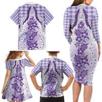 Aloha Hawaii Palaka Family Matching Long Sleeve Bodycon Dress and Hawaiian Shirt Purple Plumeria Lei - Polynesian Pride