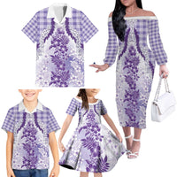Aloha Hawaii Palaka Family Matching Off The Shoulder Long Sleeve Dress and Hawaiian Shirt Purple Plumeria Lei - Polynesian Pride