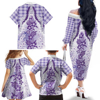 Aloha Hawaii Palaka Family Matching Off The Shoulder Long Sleeve Dress and Hawaiian Shirt Purple Plumeria Lei LT05 - Polynesian Pride