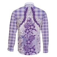 Aloha Hawaii Palaka Family Matching Off The Shoulder Long Sleeve Dress and Hawaiian Shirt Purple Plumeria Lei - Polynesian Pride