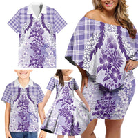 Aloha Hawaii Palaka Family Matching Off Shoulder Short Dress and Hawaiian Shirt Purple Plumeria Lei - Polynesian Pride