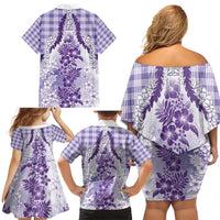 Aloha Hawaii Palaka Family Matching Off Shoulder Short Dress and Hawaiian Shirt Purple Plumeria Lei - Polynesian Pride