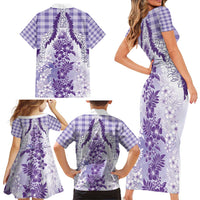 Aloha Hawaii Palaka Family Matching Short Sleeve Bodycon Dress and Hawaiian Shirt Purple Plumeria Lei - Polynesian Pride