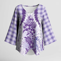 Aloha Hawaii Palaka Kimono Sleeve Blouse Purple Plumeria Lei - Polynesian Pride