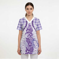 Aloha Hawaii Palaka Scrub Top Purple Plumeria Lei - Polynesian Pride