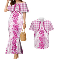 Aloha Hawaii Palaka Couples Matching Mermaid Dress and Hawaiian Shirt Pink Plumeria Lei LT05 Pink - Polynesian Pride