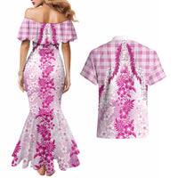Aloha Hawaii Palaka Couples Matching Mermaid Dress and Hawaiian Shirt Pink Plumeria Lei LT05 - Polynesian Pride