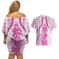 Aloha Hawaii Palaka Couples Matching Off Shoulder Short Dress and Hawaiian Shirt Pink Plumeria Lei LT05 - Polynesian Pride