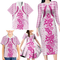 Aloha Hawaii Palaka Family Matching Long Sleeve Bodycon Dress and Hawaiian Shirt Pink Plumeria Lei LT05 - Polynesian Pride