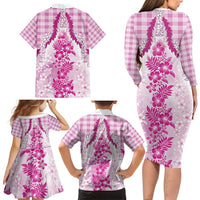 Aloha Hawaii Palaka Family Matching Long Sleeve Bodycon Dress and Hawaiian Shirt Pink Plumeria Lei - Polynesian Pride