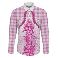 Aloha Hawaii Palaka Family Matching Long Sleeve Bodycon Dress and Hawaiian Shirt Pink Plumeria Lei LT05 Dad's Shirt - Long Sleeve Pink - Polynesian Pride