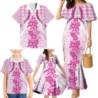 Aloha Hawaii Palaka Family Matching Mermaid Dress and Hawaiian Shirt Pink Plumeria Lei - Polynesian Pride
