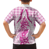 Aloha Hawaii Palaka Family Matching Off The Shoulder Long Sleeve Dress and Hawaiian Shirt Pink Plumeria Lei LT05 - Polynesian Pride