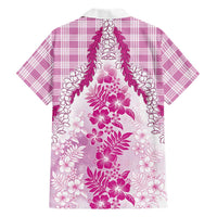 Aloha Hawaii Palaka Family Matching Off The Shoulder Long Sleeve Dress and Hawaiian Shirt Pink Plumeria Lei LT05 - Polynesian Pride