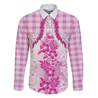 Aloha Hawaii Palaka Family Matching Off The Shoulder Long Sleeve Dress and Hawaiian Shirt Pink Plumeria Lei LT05 Dad's Shirt - Long Sleeve Pink - Polynesian Pride