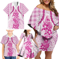 Aloha Hawaii Palaka Family Matching Off Shoulder Short Dress and Hawaiian Shirt Pink Plumeria Lei LT05 - Polynesian Pride