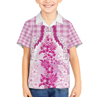 Aloha Hawaii Palaka Family Matching Off Shoulder Short Dress and Hawaiian Shirt Pink Plumeria Lei LT05 Son's Shirt Pink - Polynesian Pride