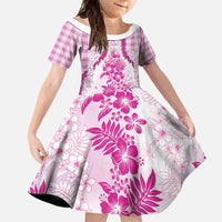 Aloha Hawaii Palaka Family Matching Short Sleeve Bodycon Dress and Hawaiian Shirt Pink Plumeria Lei LT05 Daughter's Dress Pink - Polynesian Pride